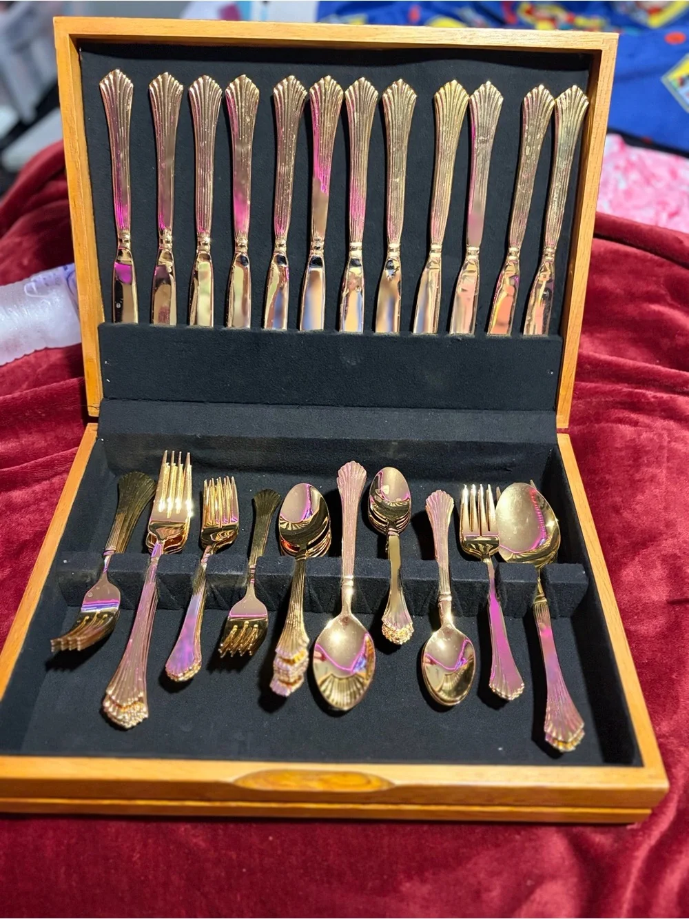 Vintage 59 Piece GoldTone Flatware Cutlery Set - Stainless Steel & Wood Case 10+